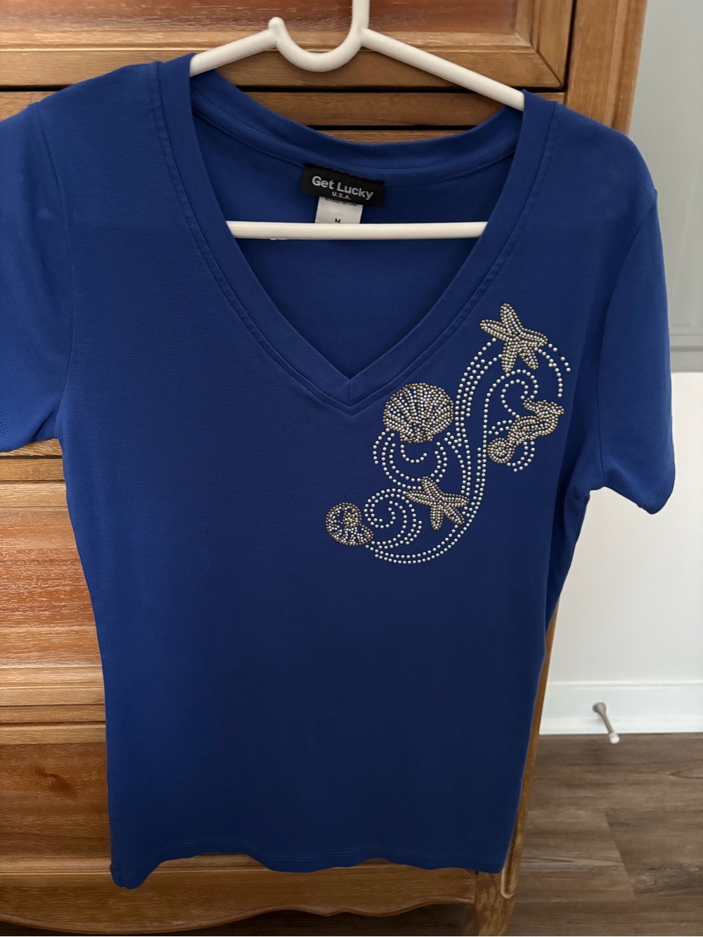Get Lucky Women's Royal Blue V-Neck Tee with Rhinestone Seashell Beach Accents